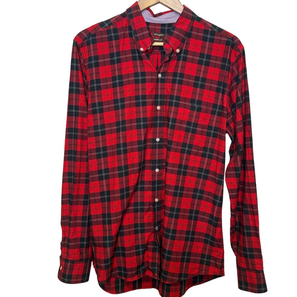 J. McLaughlin Size Large Mens Red Plaid Modern Fit Button Down Shirt